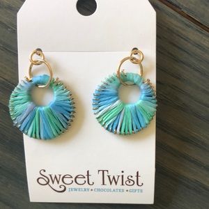 Multi shade blue raffia disc earrings